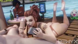 Pharah And Brigitte Doing A Deep Blowjob And Cumshot On The Beach