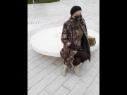 Preview 4 of Street bench fully dressed public syntribation and crossed legs orgasm
