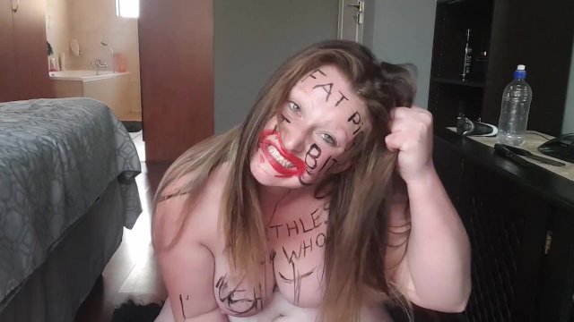 Big fat worthless pig degrading herself  body writing  hair pulling  self slapping