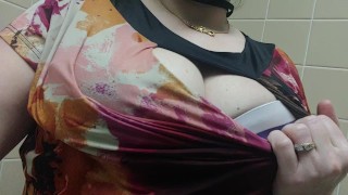 Horny Real MILF In Public Work Bathroom Fondling Her Huge Tits With A Peep Show