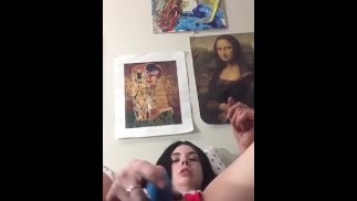 Watch me strip out of my Xmas lingerie and put a vibrator in me and 2 fingers in my ass
