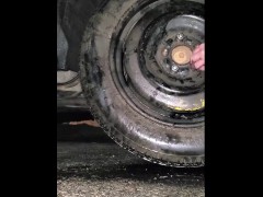 Christmas Flat Tire-Escort Damsel in dress in rain takes care of herself- Voyeur pov Video-Dialogue