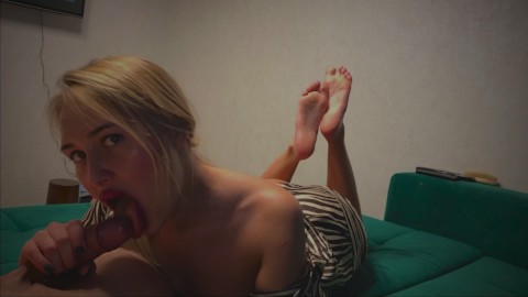 Blowjob from a babe with beautiful legs