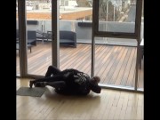 Preview 3 of wetsuited silicone masked guy cums on his dummy at patio windows
