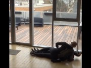 Preview 6 of wetsuited silicone masked guy cums on his dummy at patio windows
