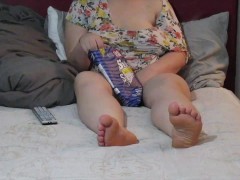 Chubby Teen watches TV during Foot Worship!!! Size 6.5 Tiny Pink Soles
