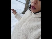 Preview 1 of Went outside to pee in the snow taste some then walk around showing my boobs tina and Susie