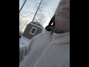 Preview 2 of Went outside to pee in the snow taste some then walk around showing my boobs tina and Susie