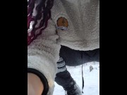 Preview 4 of Went outside to pee in the snow taste some then walk around showing my boobs tina and Susie