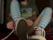 Preview 5 of Femboy wearing Converse, thigh high socks and showing bare feet