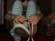 Preview 6 of Femboy wearing Converse, thigh high socks and showing bare feet