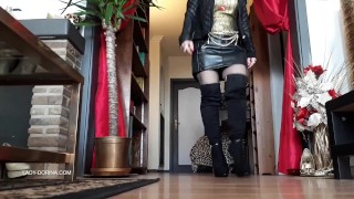 Foot Worship Leather Miniskirt Thigh High Boots
