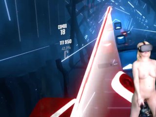 Girl plays Beat Saber spanks herself on Fail and get completly naked