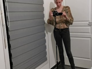 Blonde girl trying her new camera, sexy dressing ang teasing )
