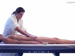 oiled massage, female orgasm, small tits, oily massage