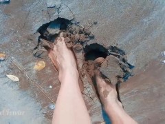 Tik Tok Topless girl walking on the public beach in wet sand 