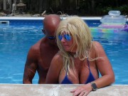 Preview 1 of SEXIEST BIKINI FUCK EVER !!! Hooters Stepmom fucks Fit Son in Pool. Gets huge facial.