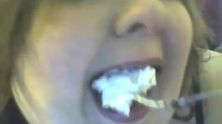 SSBBW Eating cream pie up close pig out