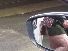 milf touching pussy at gas station rearview mirror view