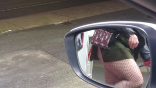 milf touching pussy at gas station rearview mirror view