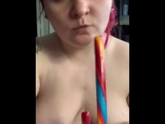 Alternative girl deepthroat’s colorful candy cane (Happy Holidays)