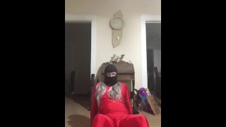 Yoga resistance band wearing red spandex and wig (Sexual Edition)