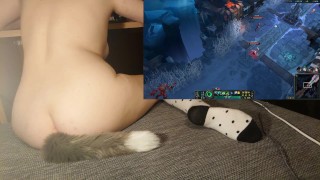 Cute girl with tail and socks riding a vibrator while playing games