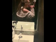 Preview 2 of Goregous gal gags on giant cock in grand public bathroom
