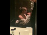 Goregous gal gags on giant cock in grand public bathroom