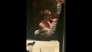 In A Grand Public Restroom A Heinous Woman Gags On A Huge Cock