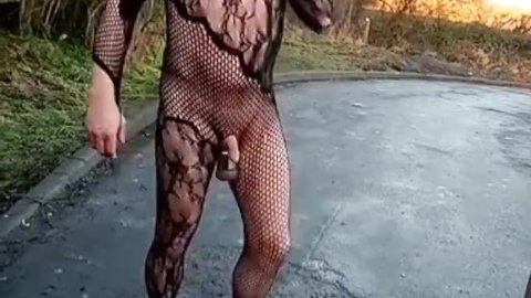 Sexy fishnet bodysuit in public