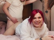 Preview 5 of Redhead In Fuzzy Sweater and Knee High Socks Gets Fucked From Behind After Sucking Dick