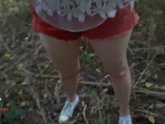 Redhead Milf goes for a walk and gets cum in her panties outdoors.