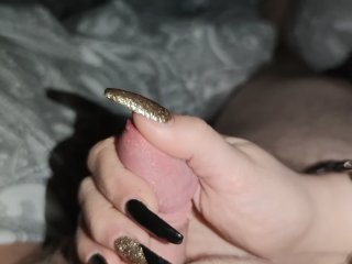 small cock, long nails handjob, babe, black nails handjob