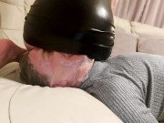 Preview 1 of Femdom Facesitting torture in sexy Black latex dress with legjob+handjob cumshot by petite mistress