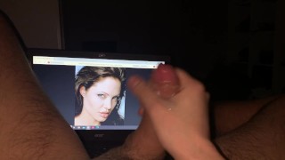 Masturbar pau gordo no rosto de Angelina Jolie com esperma explodir