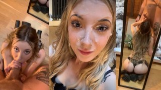 Amateur British cutie gets covered in a LOT of cum in mirror BJ