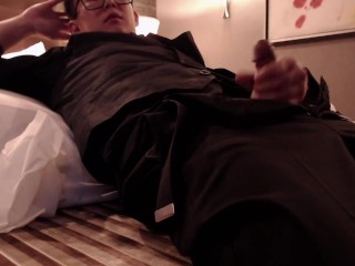 Lonely Asian Business Man Jacks off into a Cup while Watching Porn