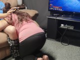 Step mom tries to distract son from gaming, gets cum in mouth instead.