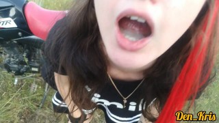 Beautiful emo schoolgirl fucks on motorcycle and sucks cock gets mouthful of cum