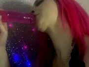 Preview 3 of Glitterdemon OnlyFans teaser compilation. Pink hair egirl slut sucks dildo and squirts