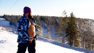 On A Snowy Hiking Trail Public Masturbation And Blowjob