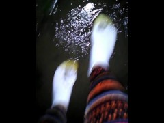 Stepping in puddles with white socks