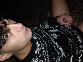 Twink Cums on Sweater Outdoor and Shows Close up his Cum Mess