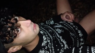 Twink cums on sweater outdoor and shows close up his cum mess
