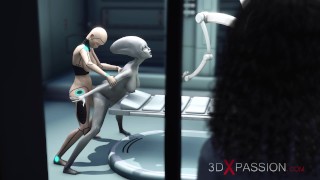 Sexo lésbico alienígena en laboratorio de ciencia ficción. Androide femenino juega con un alienígena