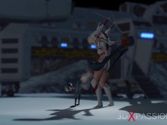 Alien sex. Spacewoman in spacesuit plays with alien on the exoplanet