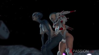 On The Exoplanet An Alien Woman Dressed In A Spacesuit Plays With An Alien