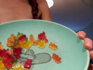 gummy bear vore, babe, brunette, nerdy girl glasses