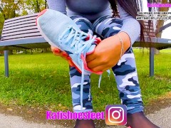 Katis Nike shoeplay, dipping, dangling with sweaty nylons Nikes, insoles, stinky feet